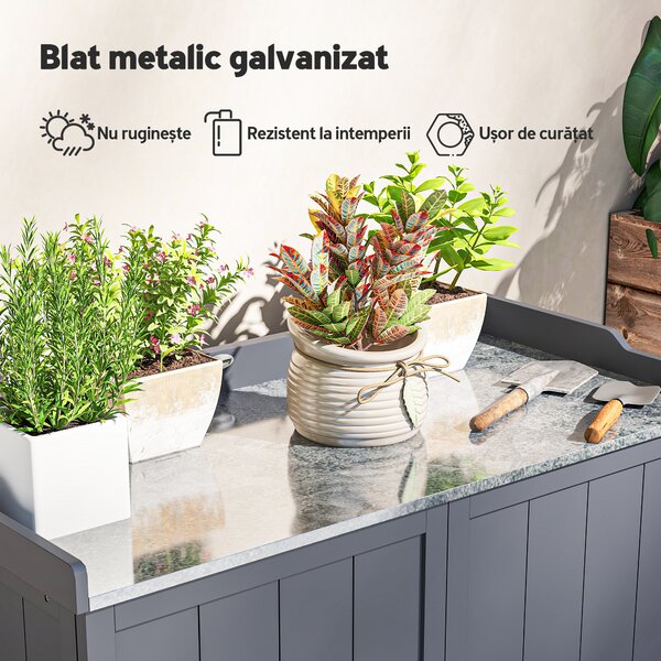 Outsunny Dulap pentru Exterior din Lemn de Brad cu Blat de Lucru din Metal Zincat si 2 Rafturi pentru Scule, 98x48x95.5 cm, Gri | Aosom Romania