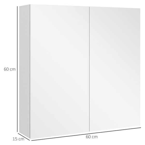 Kleankin Dulap de Baie cu Oglindă, 2 Uși Soft Close, 60x15x60 cm, Rafturi Ajustabile, Dulap Suspendat cu Economisire de Spațiu, Alb Lucios | Aosom Romania