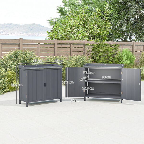 Outsunny Dulap pentru Exterior din Lemn de Brad cu Blat de Lucru din Metal Zincat si 2 Rafturi pentru Scule, 98x48x95.5 cm, Gri | Aosom Romania
