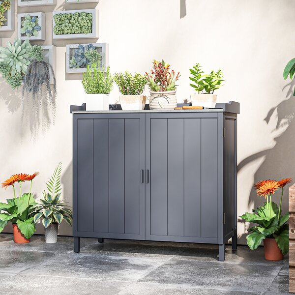 Outsunny Dulap pentru Exterior din Lemn de Brad cu Blat de Lucru din Metal Zincat si 2 Rafturi pentru Scule, 98x48x95.5 cm, Gri | Aosom Romania