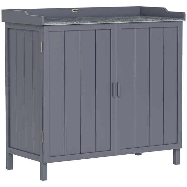 Outsunny Dulap pentru Exterior din Lemn de Brad cu Blat de Lucru din Metal Zincat si 2 Rafturi pentru Scule, 98x48x95.5 cm, Gri | Aosom Romania