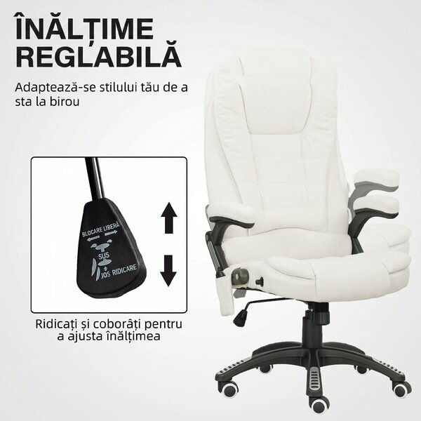 Vinsetto Scaun de Birou Reclinabil cu Masaj, Înălțime Reglabilă, Telecomandă, Textil cu Aspect de In, Crem | Aosom Romania