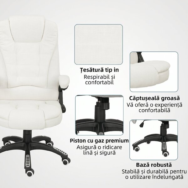 Vinsetto Scaun de Birou Reclinabil cu Masaj, Înălțime Reglabilă, Telecomandă, Textil cu Aspect de In, Crem | Aosom Romania