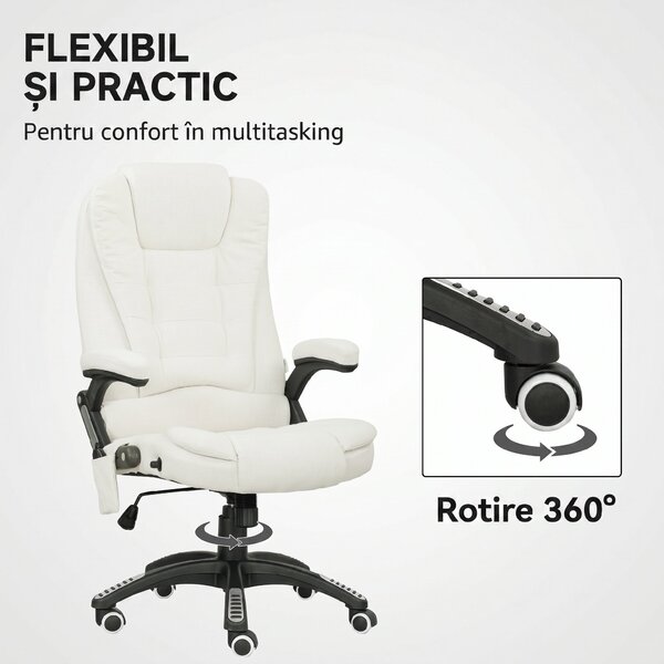 Vinsetto Scaun de Birou Reclinabil cu Masaj, Înălțime Reglabilă, Telecomandă, Textil cu Aspect de In, Crem | Aosom Romania