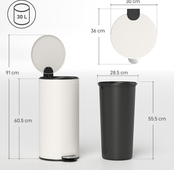 HOMCOM Coș de gunoi 30 L cu capac soft-close, metal și PP, crem | Aosom Romania