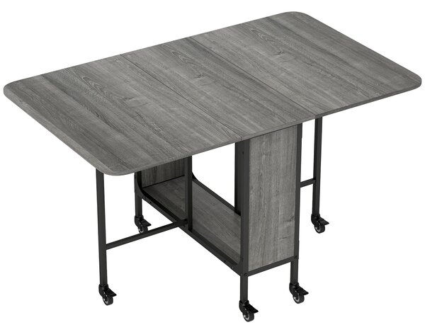 HOMCOM Masă Pliabilă, Rabatabilă pentru 4-6 Persoane cu Raft și 6 Roți, din Lemn și Metal, 130x80x74 cm, Gri | Aosom Romania
