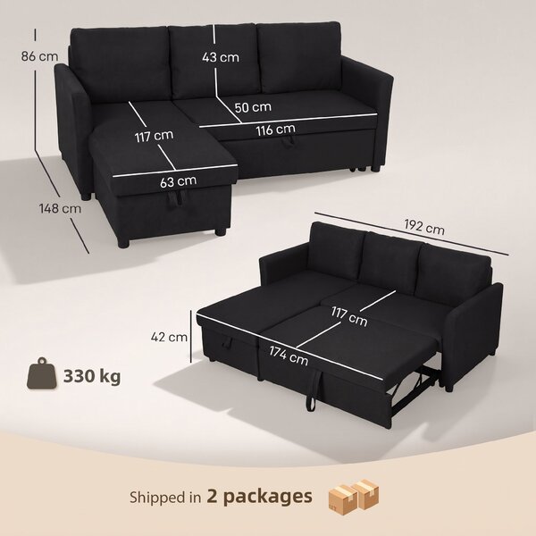 HOMCOM Canapea Extensibilă cu 3 Locuri și Șezlong Convertibil, Canapea de Colț Pliabilă cu Compartiment de Depozitare și 3 Perne Detașabile, Material Textil cu Efect de In, Living, 192x148x86cm, Gri Închis | Aosom Romania