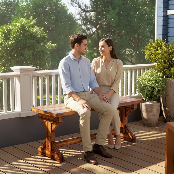 Outsunny Bancă de Grădină cu 2 Locuri din Lemn de Brad cu Bază în Formă de X, Bancă Rustică pentru Exterior Fără Spătar, pentru Patio, Verandă, Balcon, 114L x 40l x 46h cm, Finisaj Carbonizat | Aosom Romania
