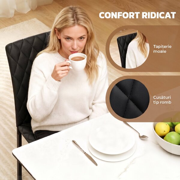 HOMCOM Set de 4 Scaune din Piele Ecologică cu Cusături Romboidale și Picioare din Oțel, 41x50x91 cm, Negru | Aosom Romania