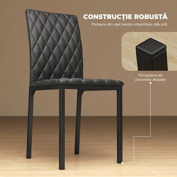 HOMCOM Set de 4 Scaune din Piele Ecologică cu Cusături Romboidale și Picioare din Oțel, 41x50x91 cm, Negru | Aosom Romania