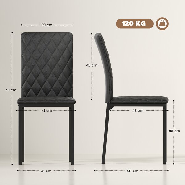 HOMCOM Set de 4 Scaune din Piele Ecologică cu Cusături Romboidale și Picioare din Oțel, 41x50x91 cm, Negru | Aosom Romania