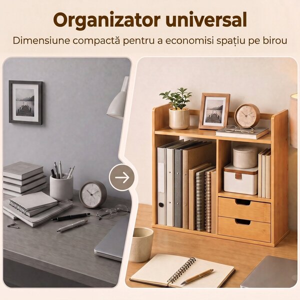 HOMCOM Organizator de Birou cu 2 Sertare și Rafturi pentru Documente, Bambus, 48x19,5x 46 cm, Culoare Lemn | Aosom Romania