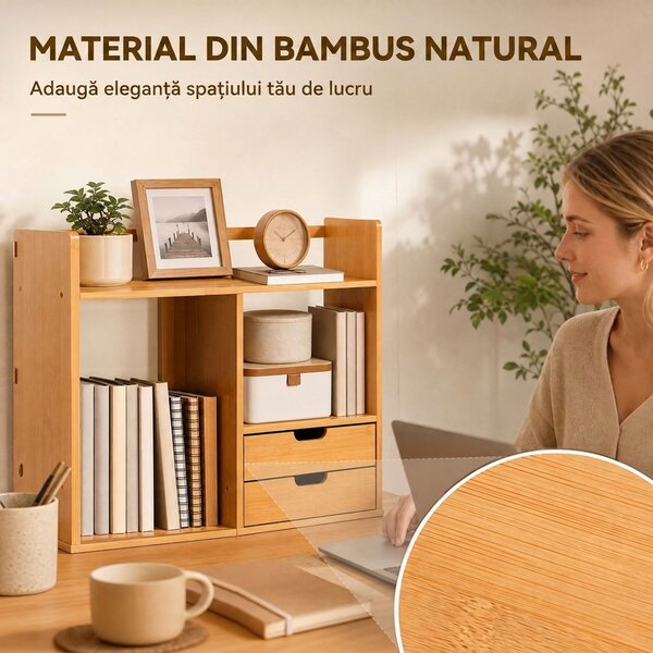 HOMCOM Organizator de Birou cu 2 Sertare și Rafturi pentru Documente, Bambus, 48x19,5x 46 cm, Culoare Lemn | Aosom Romania