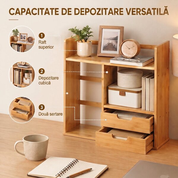 HOMCOM Organizator de Birou cu 2 Sertare și Rafturi pentru Documente, Bambus, 48x19,5x 46 cm, Culoare Lemn | Aosom Romania
