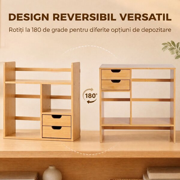 HOMCOM Organizator de Birou cu 2 Sertare și Rafturi pentru Documente, Bambus, 48x19,5x 46 cm, Culoare Lemn | Aosom Romania
