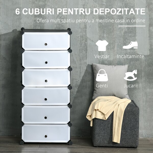 HOMCOM Mobilier pentru incaltaminte modular, 6 cuburi 45x35x17cm din plastic PP si otel, alb | Aosom Romania