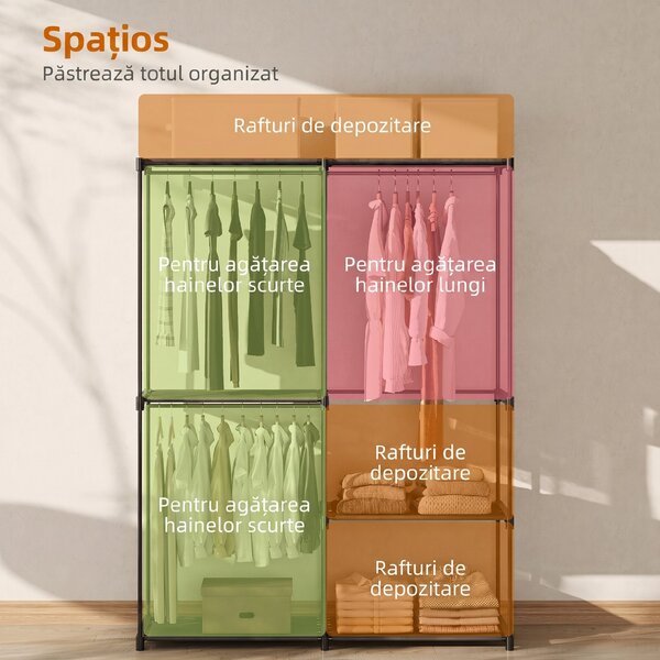 HOMCOM Dulap de Haine cu 2 Bare și 4 Rafturi, din Material Non-Țesut, Plastic și Oțel, 142x43x185 cm, Negru | Aosom Romania