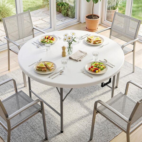 Outsunny Masă Pliabilă de Grădină Φ122 cm, Masă de Picnic Rotundă pentru 6 Persoane, Cadru Metalic, Alb | Aosom Romania