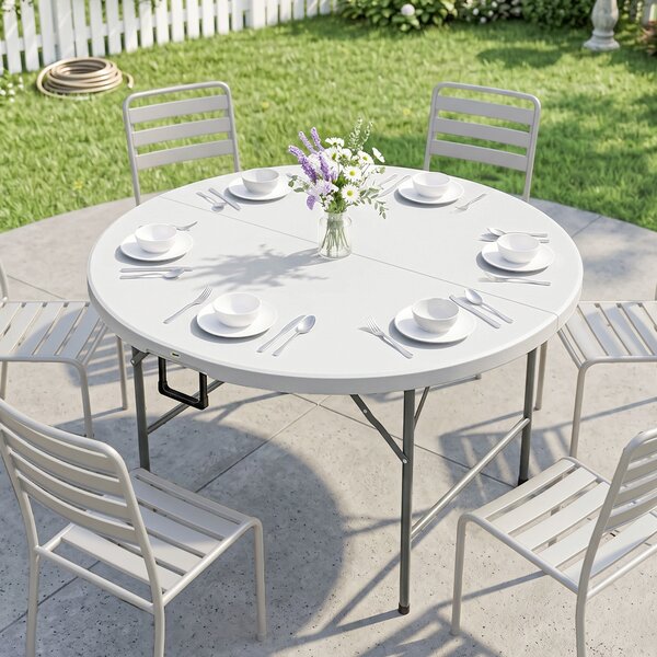 Outsunny Masă Pliabilă de Grădină Φ122 cm, Masă de Picnic Rotundă pentru 6 Persoane, Cadru Metalic, Alb | Aosom Romania