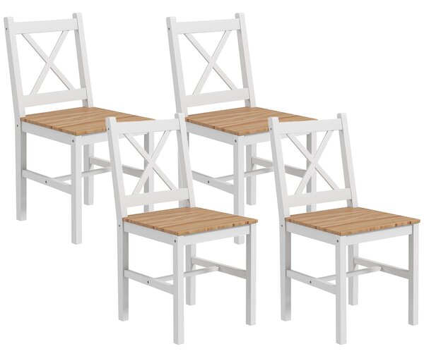 HOMCOM Set 4 Scaune cu Spătar Transversal, Scaune Clasice din Lemn de Pin, 41x46.5x87 cm, Alb | Aosom Romania