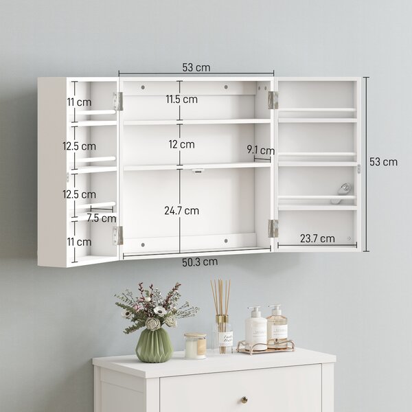 HOMCOM Dulap Medicamente de Perete cu Cheie, 3 Rafturi Interne și 8 Suporturi pentru Sticle, Dulap din MDF și Metal, pentru Bucătărie, Hol, Living, 53x20x53 cm, Alb | Aosom Romania