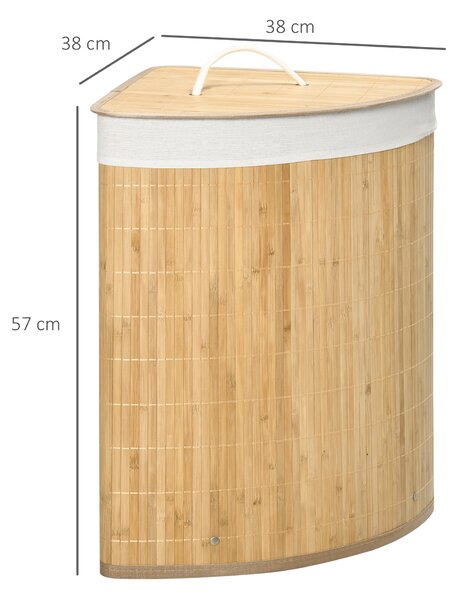 HOMCOM Coș de Rufe din Bambus cu Capac, Design Triunghiular Economisitor de Spațiu, 38x38x57 cm, Culoare Lemn | Aosom Romania