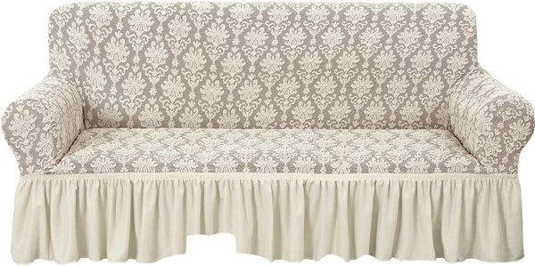 Husa elastica pentru canapea 3 locuri, cu volanas, model Jacquard, Bej Deschis