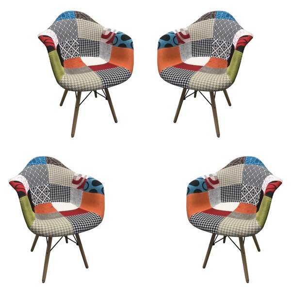 Set 4 scaune dining tip fotoliu Lotus, textil patchwork multicolor, picioare lemn+metal