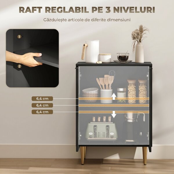 HOMCOM Comodă Modernă cu 2 Uși și Raft Reglabil, Bufet pentru Bucătărie și Living cu Picioare din Metal, Negru | Aosom Romania
