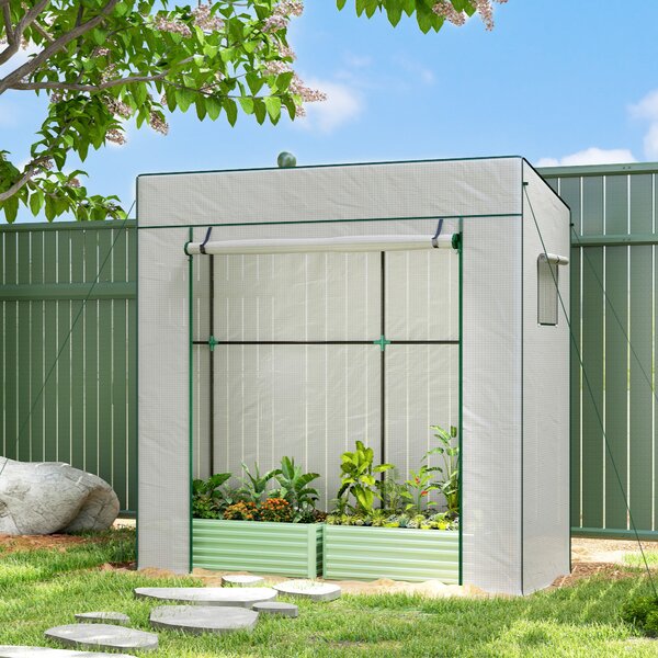 Outsunny Seră de Grădină cu Acoperiș Înclinat, 2 Ferestre și Ușă Rulabilă, Seră pentru Cultivare cu Structură din Oțel, Acoperire Anti-UV din PE, pentru Grădină, Legume, Flori, 196x77x197 cm, Alb | Aosom Romania