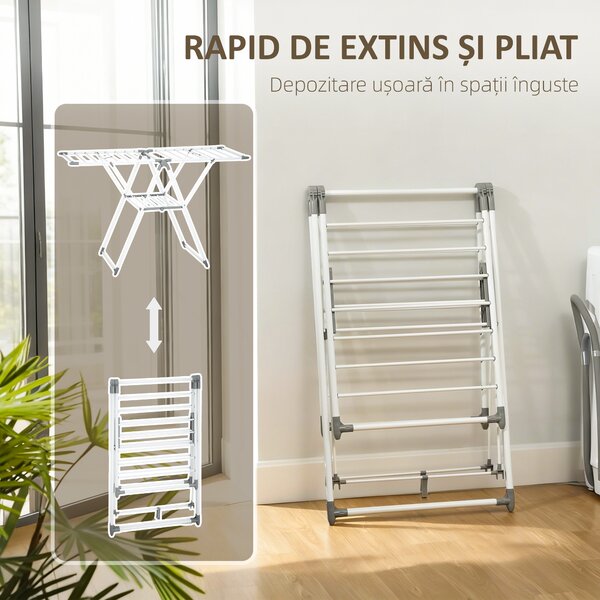 HOMCOM Uscător de Rufe cu 2 Niveluri Reglabil pe 4 Înălțimi Diferite, Uscător din Metal și Plastic, 156.5x61.5x97 cm, Alb | Aosom Romania