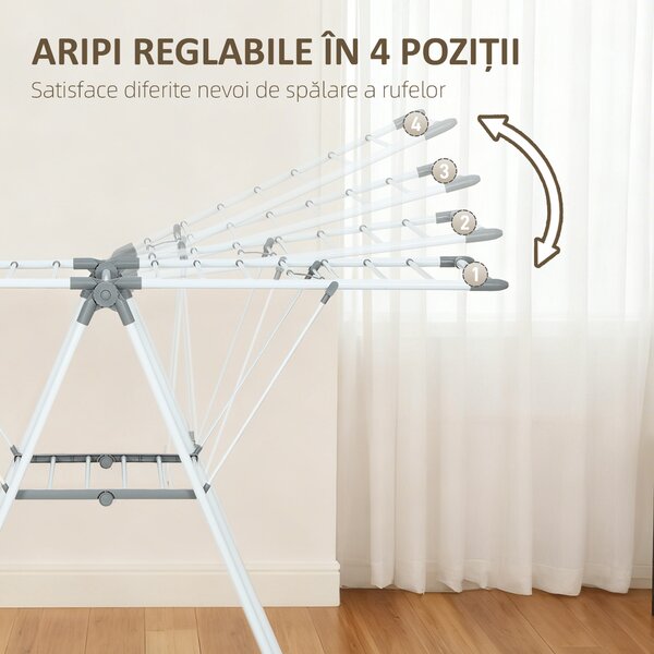 HOMCOM Uscător de Rufe cu 2 Niveluri Reglabil pe 4 Înălțimi Diferite, Uscător din Metal și Plastic, 156.5x61.5x97 cm, Alb | Aosom Romania