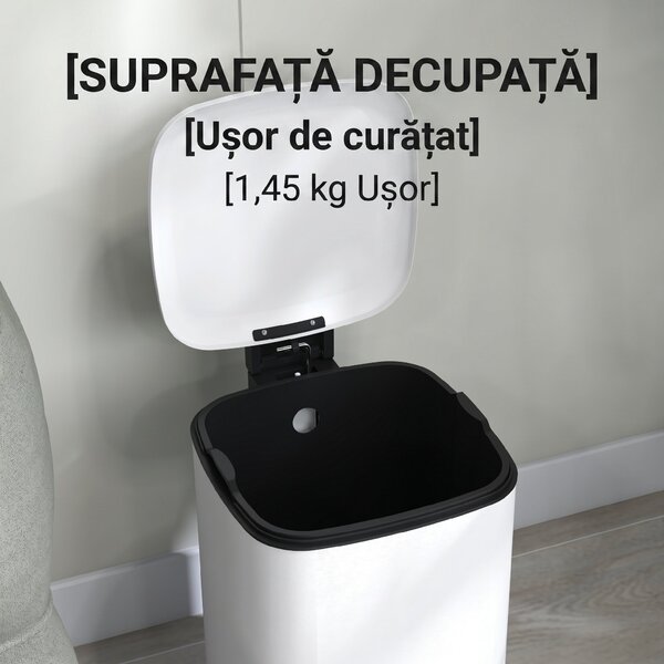 HOMCOM Coș de Gunoi de 12L cu Pedală, Închidere Silențioasă, din Metal și Plastic PP, 24,5x32x34,5 cm, Alb | Aosom Romania