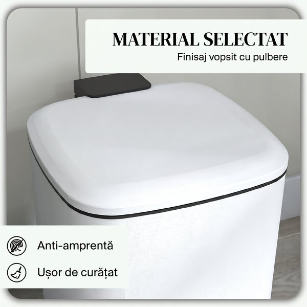 HOMCOM Coș de Gunoi de 12L cu Pedală, Închidere Silențioasă, din Metal și Plastic PP, 24,5x32x34,5 cm, Alb | Aosom Romania