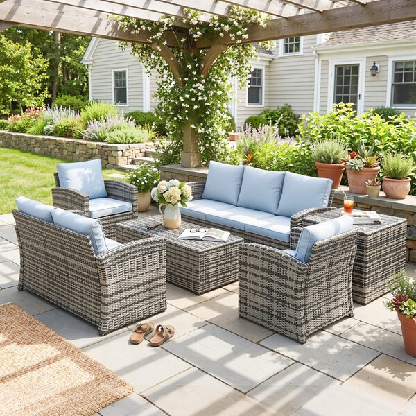 Outsunny Set de mobilier de gradina din ratan de 6 piese, canapea si 2 fotolii tapitate pentru 7 persoane, bej | Aosom Romania