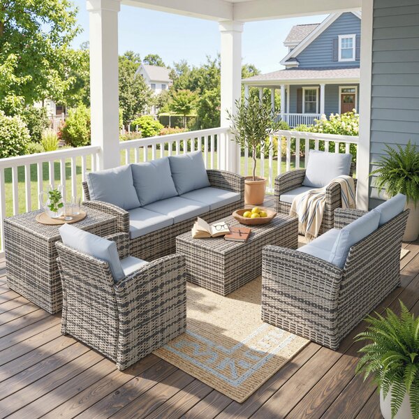 Outsunny Set de mobilier de gradina din ratan de 6 piese, canapea si 2 fotolii tapitate pentru 7 persoane, bej | Aosom Romania