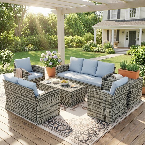 Outsunny Set de mobilier de gradina din ratan de 6 piese, canapea si 2 fotolii tapitate pentru 7 persoane, bej | Aosom Romania