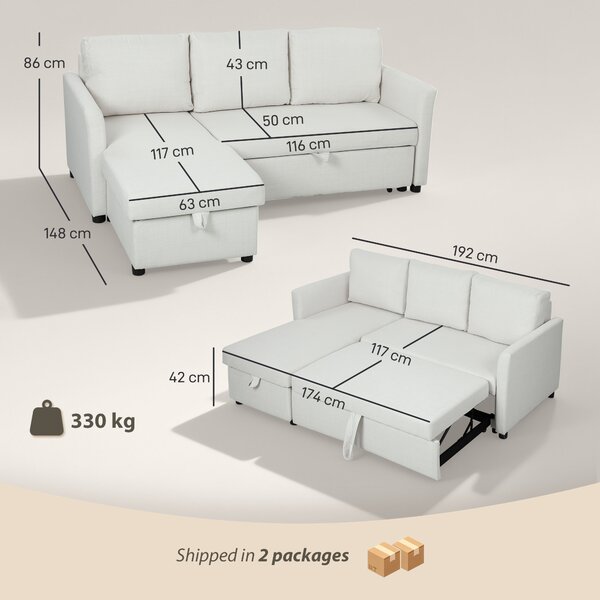 HOMCOM Divan Extensibil pentru 3 Persoane cu Șezlong Convertibil, Divan Rabatabil cu Compartiment de Depozitare și 3 Perne Detașabile, Material Textil cu Efect de In, Living, 192x148x86cm, Crem | Aosom Romania