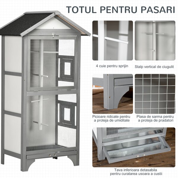 PawHut Cusca pentru pasari in aer liber din lemn de brad, 2 deschideri cu blocare 4 stinghii si tava detasabila, gri deschis | Aosom Romania