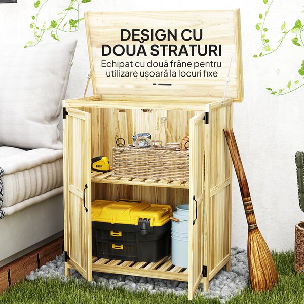 Outsunny Dulap Exterior, Depozit pentru Unelte cu Raft, din Lemn cu 2 Uși pentru Grădină, Terasă, Culoare Lemn Natural | Aosom Romania