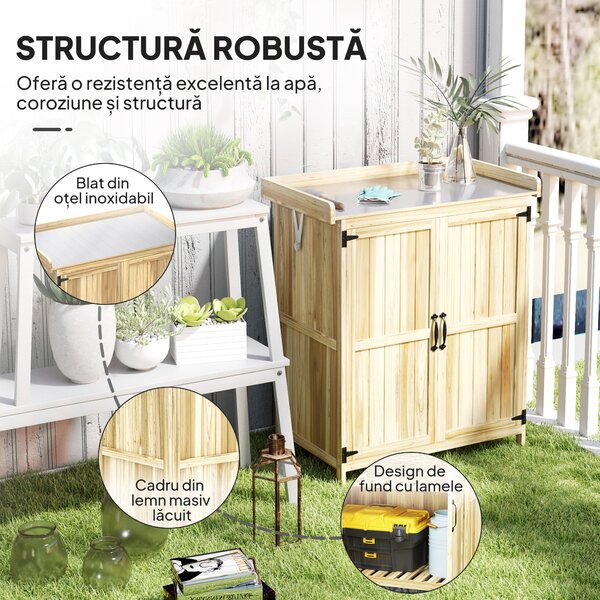 Outsunny Dulap Exterior, Depozit pentru Unelte cu Raft, din Lemn cu 2 Uși pentru Grădină, Terasă, Culoare Lemn Natural | Aosom Romania