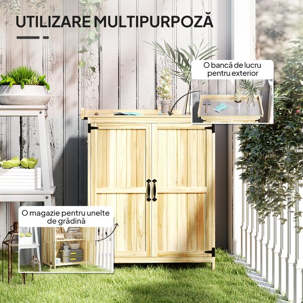 Outsunny Dulap Exterior, Depozit pentru Unelte cu Raft, din Lemn cu 2 Uși pentru Grădină, Terasă, Culoare Lemn Natural | Aosom Romania
