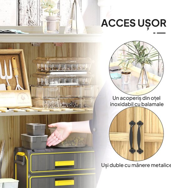 Outsunny Dulap Exterior, Depozit pentru Unelte cu Raft, din Lemn cu 2 Uși pentru Grădină, Terasă, Culoare Lemn Natural | Aosom Romania