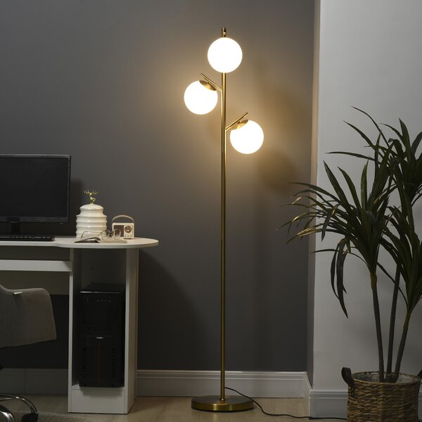 Homcom Lampă de Podea Modernă cu 3 Lumini, Design din Oțel și Sticlă, Ø27x169cm, Finisaj Auriu și Abajur Alb, pentru Interior | Aosom Romania