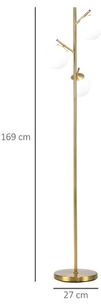 Homcom Lampă de Podea Modernă cu 3 Lumini, Design din Oțel și Sticlă, Ø27x169cm, Finisaj Auriu și Abajur Alb, pentru Interior | Aosom Romania