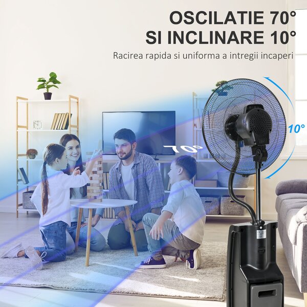HOMCOM Ventilator Nebulizator cu Apă, Telecomandă, 3 Viteze, Oscilație, Temporizator, Ф44.5x135cm, Negru | Aosom Romania