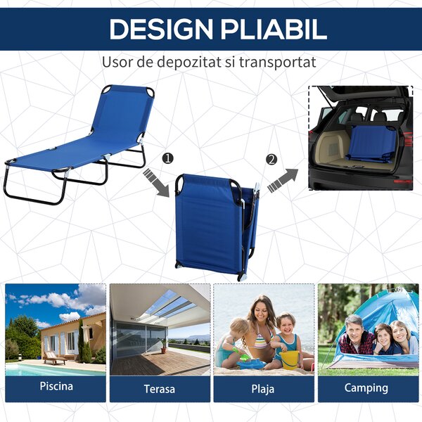 Sezlong pliabil reglabil Outsunny in tesatura Oxford Albastru | Aosom Romania