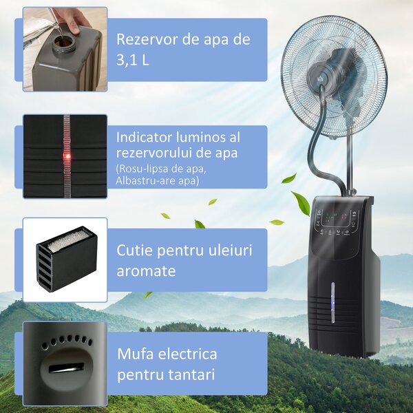 HOMCOM Ventilator Nebulizator cu Apă, Telecomandă, 3 Viteze, Oscilație, Temporizator, Ф44.5x135cm, Negru | Aosom Romania