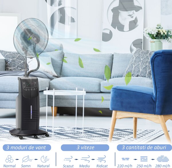 HOMCOM Ventilator Nebulizator cu Apă, Telecomandă, 3 Viteze, Oscilație, Temporizator, Ф44.5x135cm, Negru | Aosom Romania
