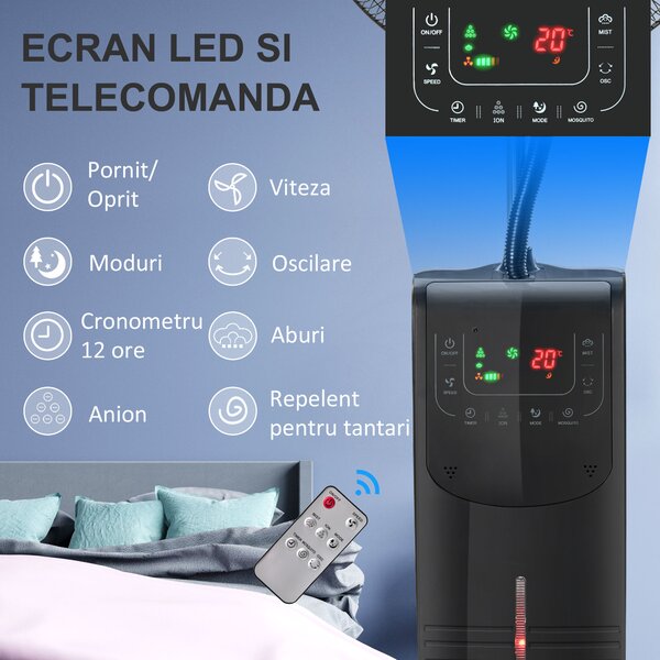 HOMCOM Ventilator Nebulizator cu Apă, Telecomandă, 3 Viteze, Oscilație, Temporizator, Ф44.5x135cm, Negru | Aosom Romania